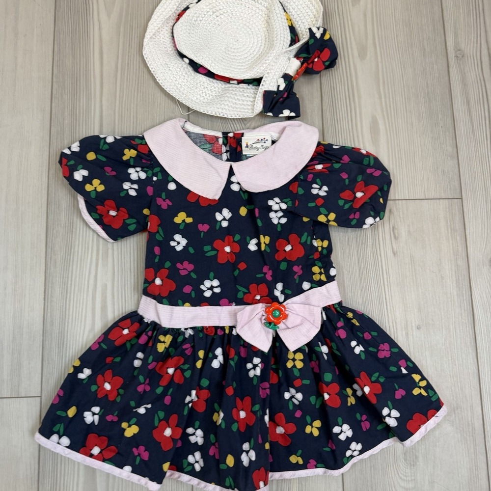Vintage Baby Girl Baby Togs 3T Navy Floral Dress With Hat READ - Picture 2 of 11